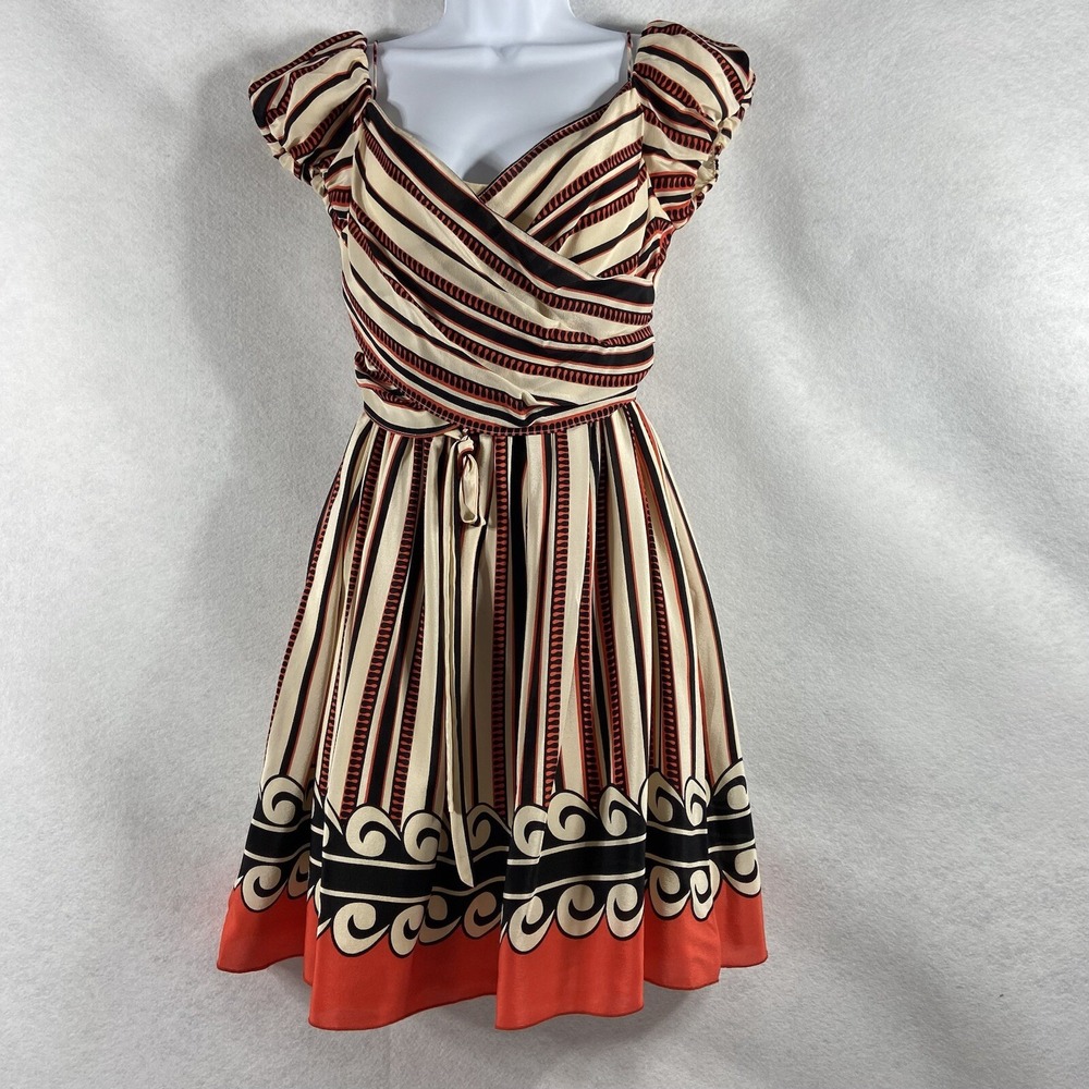 Anna Sui for Target Dress Women's 9 Ivory Red 100% Silk Stipend Tie Front